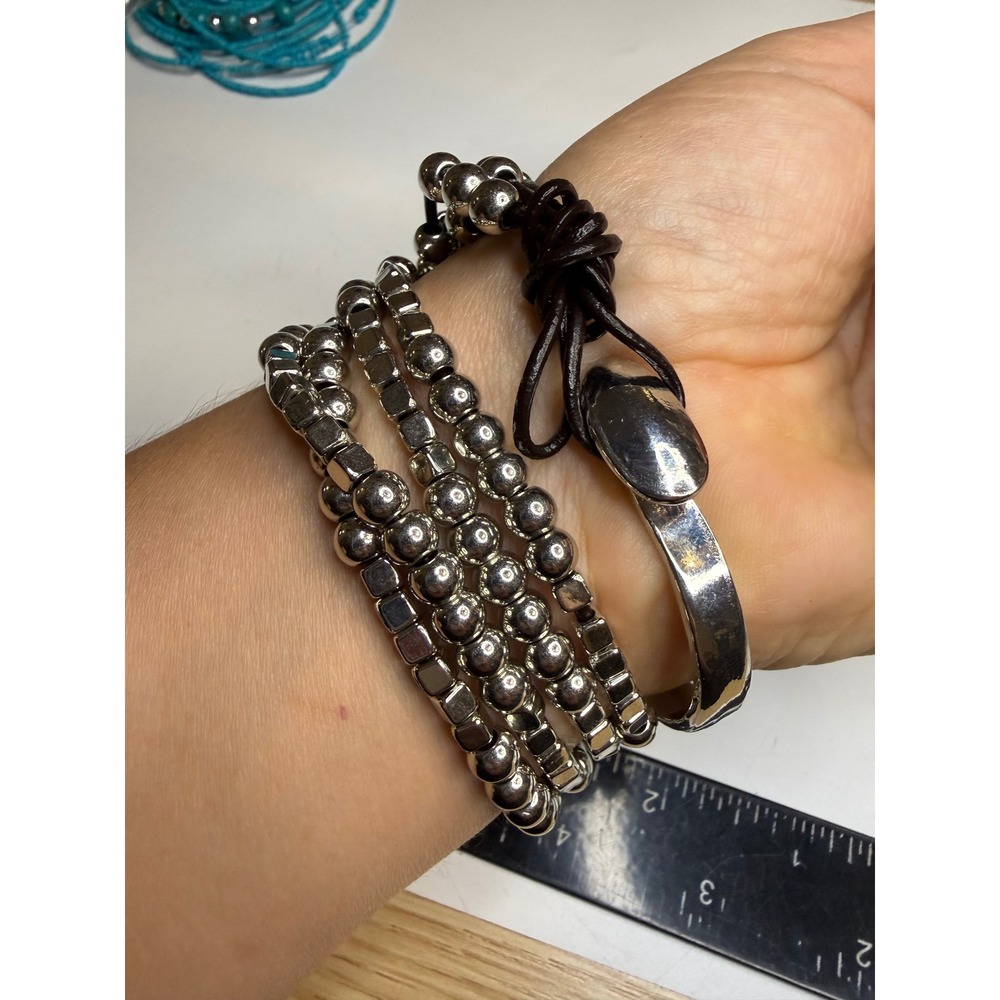 Silver Tone Multi Strand Beaded Leather Wrap Bracelet with Hook Clasp